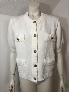 New She Sky Womens Large Ivory Shortsleeved  Knit Sweater Gold Buttons Pockets